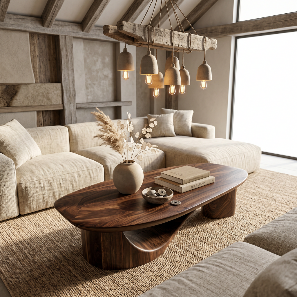Contemporary Coffee Table With Sculptural Wooden Base For Living Room