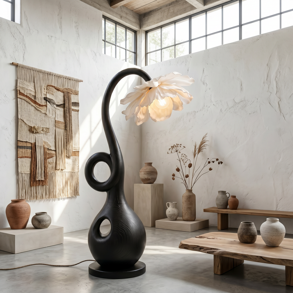 Contemporary Floor Lamp With Organic Sculptural Base And Blooming Flower Design
