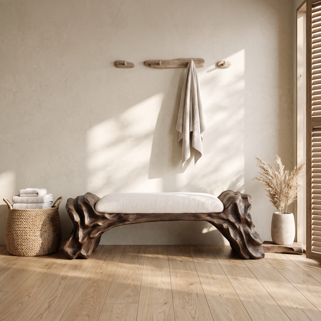 Contemporary Halloween Wood Bench With Oyster Inspired Base For Reading Nook