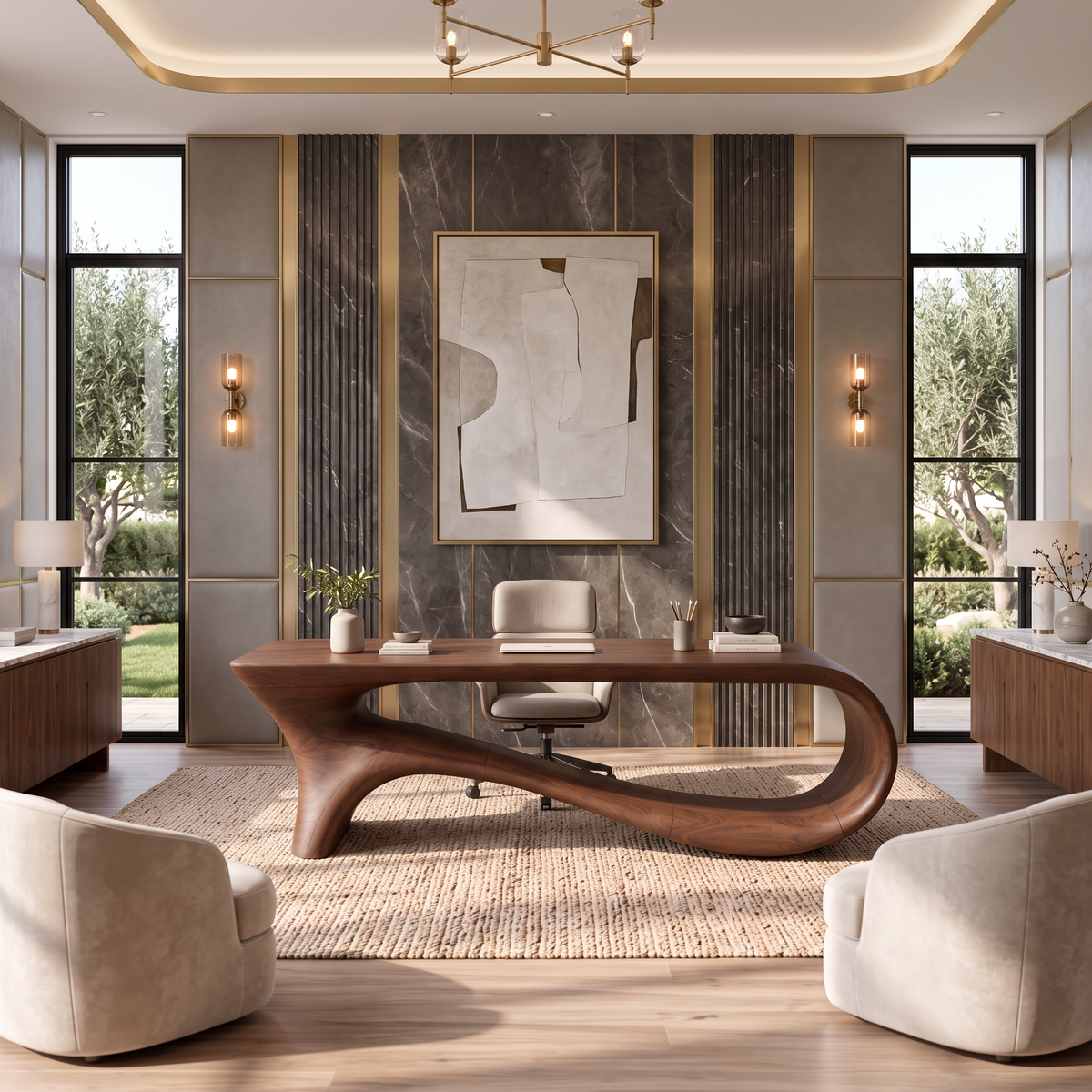 Contemporary Office Desk With Asymmetrical Curved Legs For Workspace