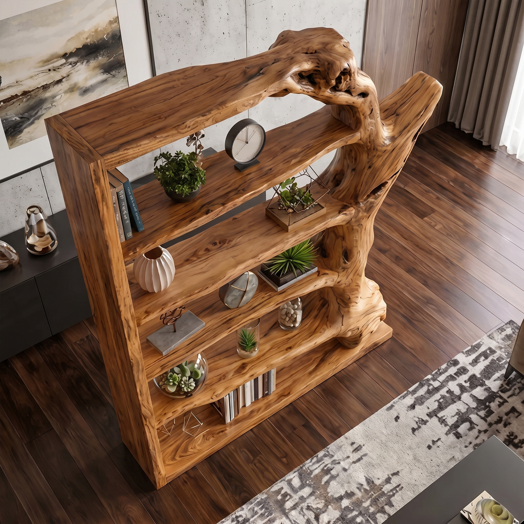 Contemporary Tree Bookshelf, Artistic Solid Wood Branch Book Display Rack Organizer