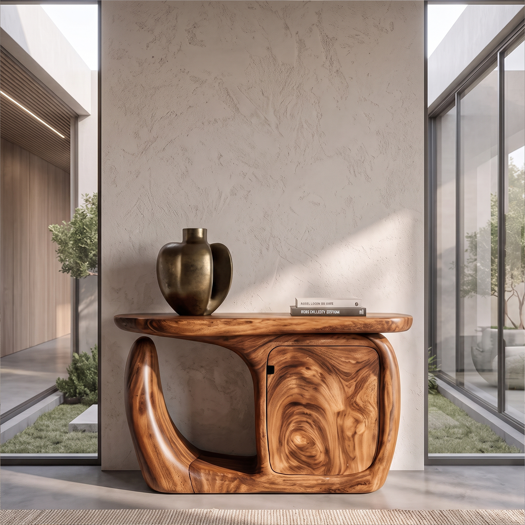 Contemporary Console Table With Sculptural Base And Storage For Entryway