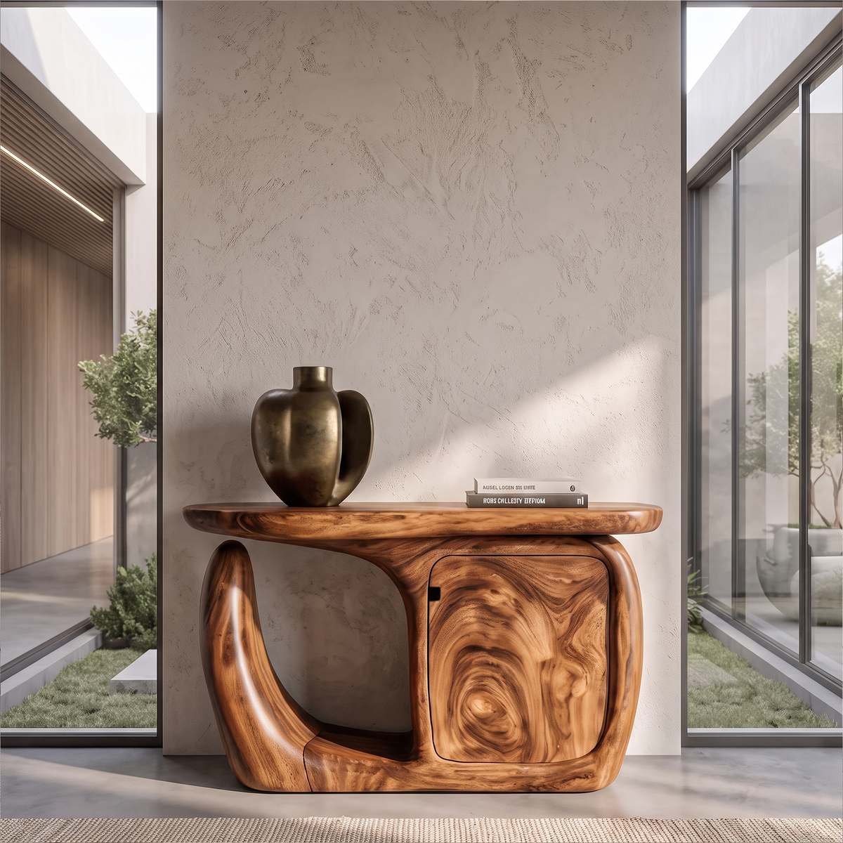 Contemporary Console Table With Sculptural Base And Storage For Entryway