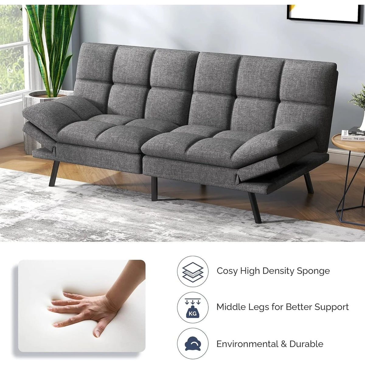 Convertible Futon Sofa Bed With Memory Foam, 71in