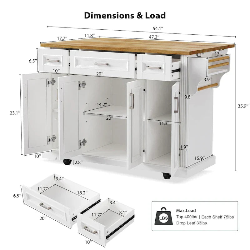 Kitchen Island Cart With Wood Drop Leaf, 54.1 x 29.5 x 35.9 Inches, White