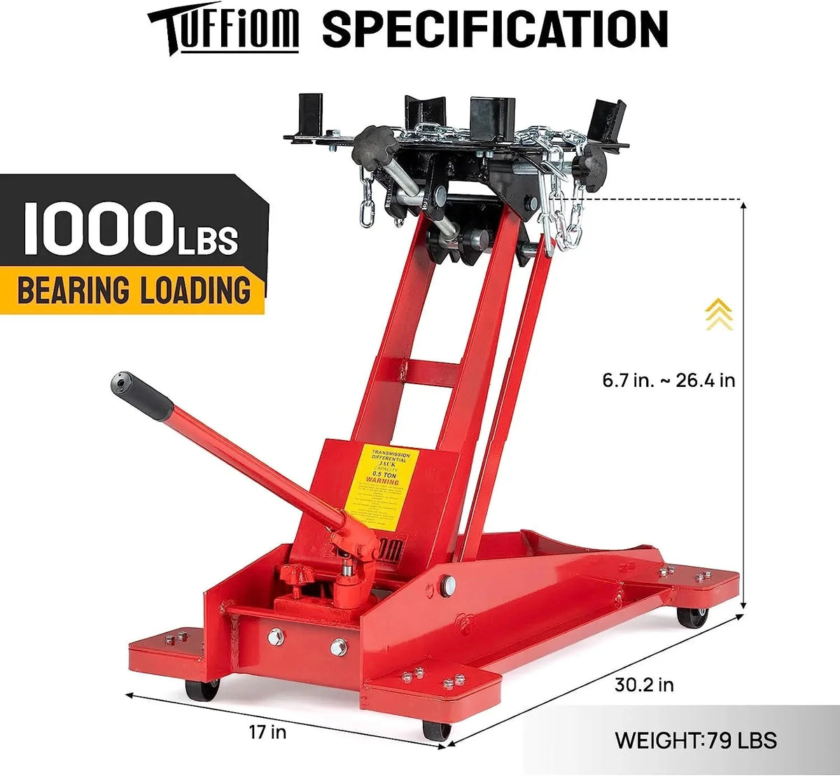 TUFFIOM Hydraulic Transmission Jack, 1,000 lb Capacity, 6.7 in. to 26.4 in., Red