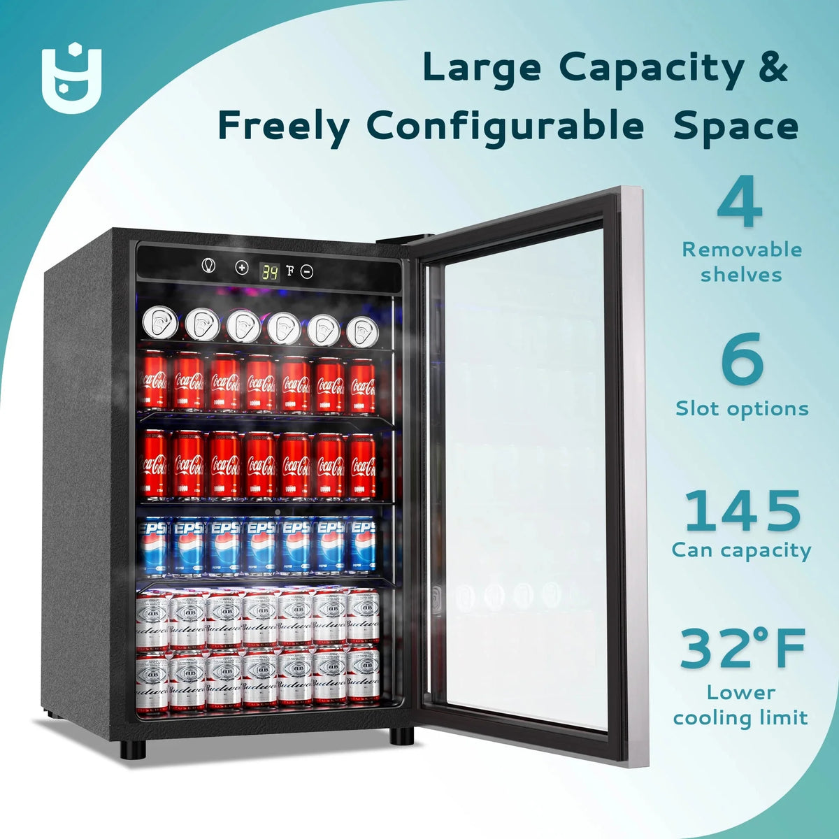 EUHOMY Beverage Refrigerator Cooler, 4.5 Cu.Ft., 145 Can, Glass Door