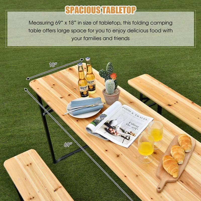 3-Piece Folding Picnic Table Bench Set, 70in Wooden Top - Black