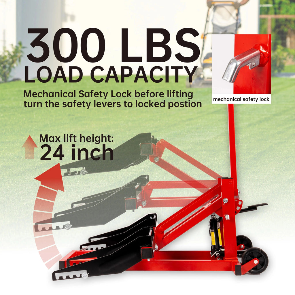 Adjustable Riding Lift Jack, 300lb Capacity, Safety Lock, Non-Slip Wheels And Handle