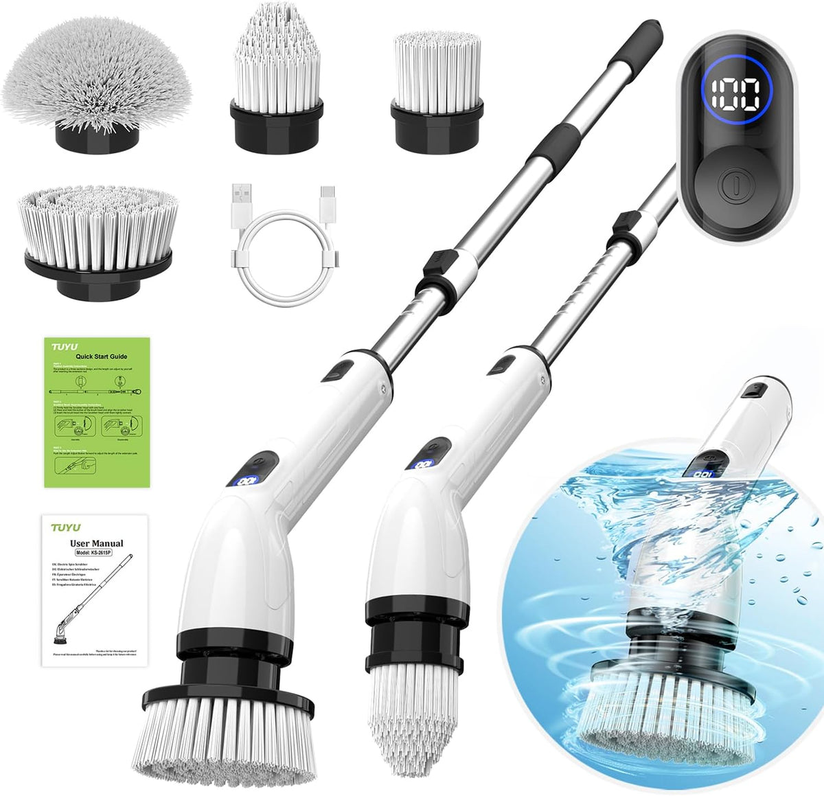 TUYU Cordless Electric Spin Scrubber With Adjustable 26-45 Inches Extension Handle - Black