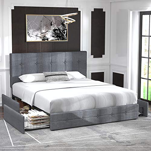 Allewie Upholstered Queen Platform Bed Frame With 4 Storage Drawers And Adjustable Headboard