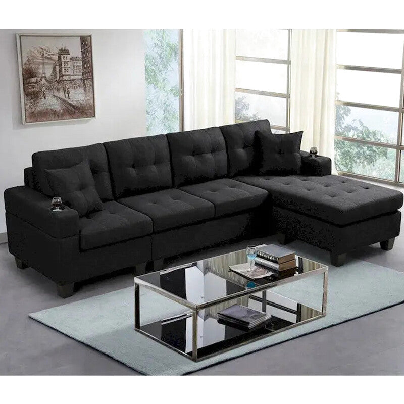 Contemporary L-Shaped Sectional Sofa With Cup Holders, Storage Chaise, Grey Or Black