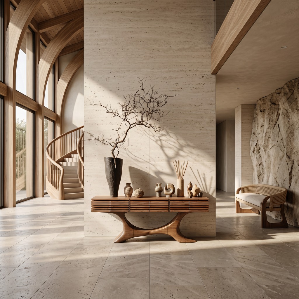 Contemporary Console Table With Curved Tree Trunk Base And Built In Storage Drawers For