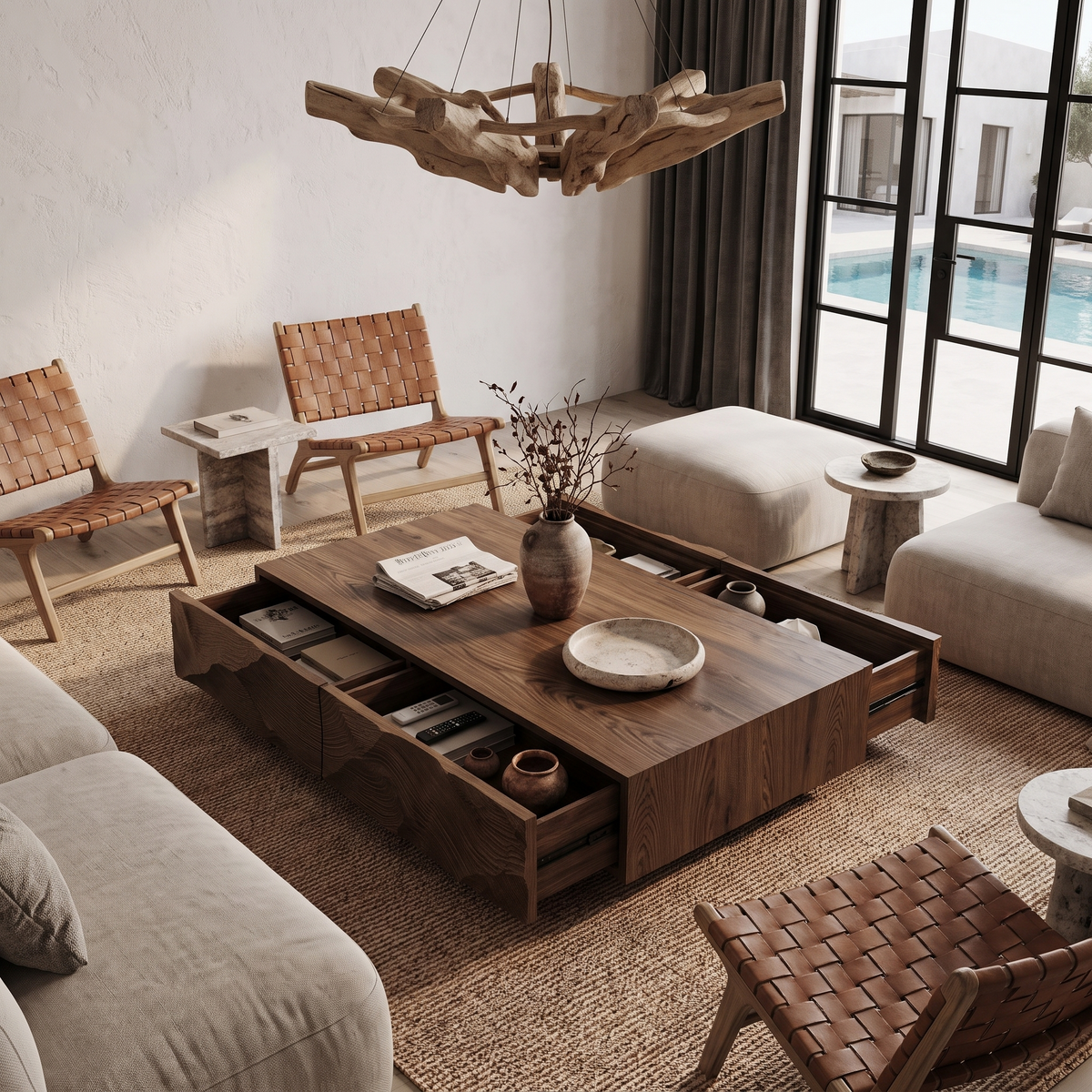 Contemporary Coffee Table With Sculptural Carved Drawer Front For Living Room - view 2