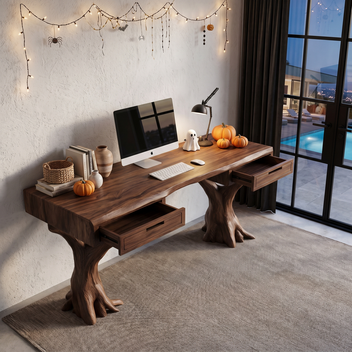 Contemporary Halloween Storage Desk With Pumpkin Display Shelves For Home Office