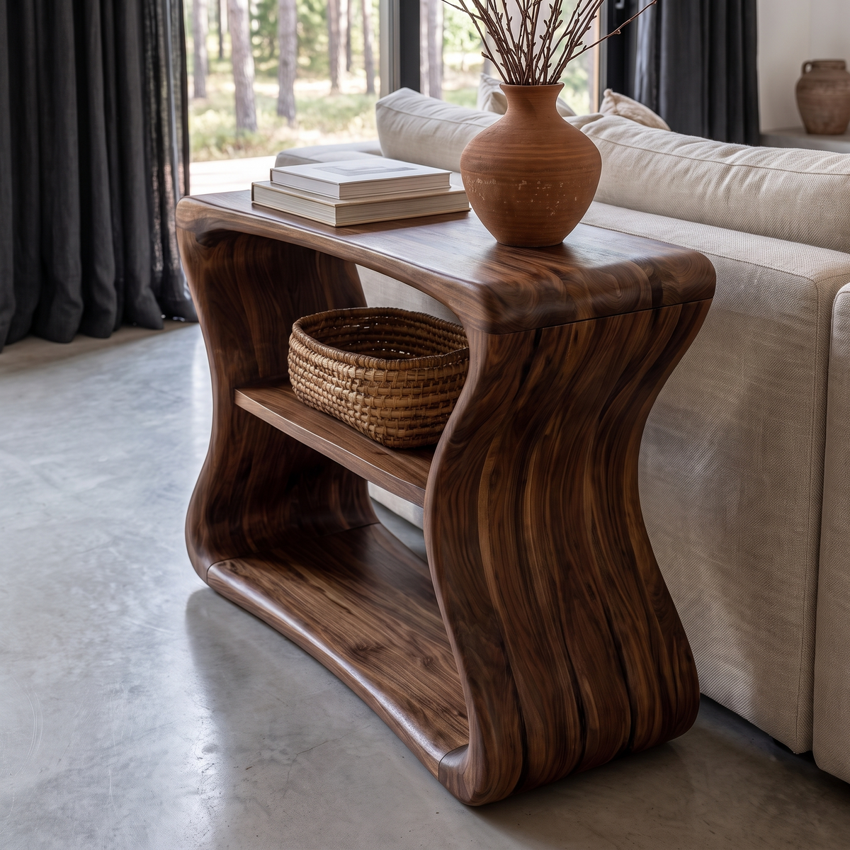 Contemporary Beside Table With Flowing Curved Frame For Living Room