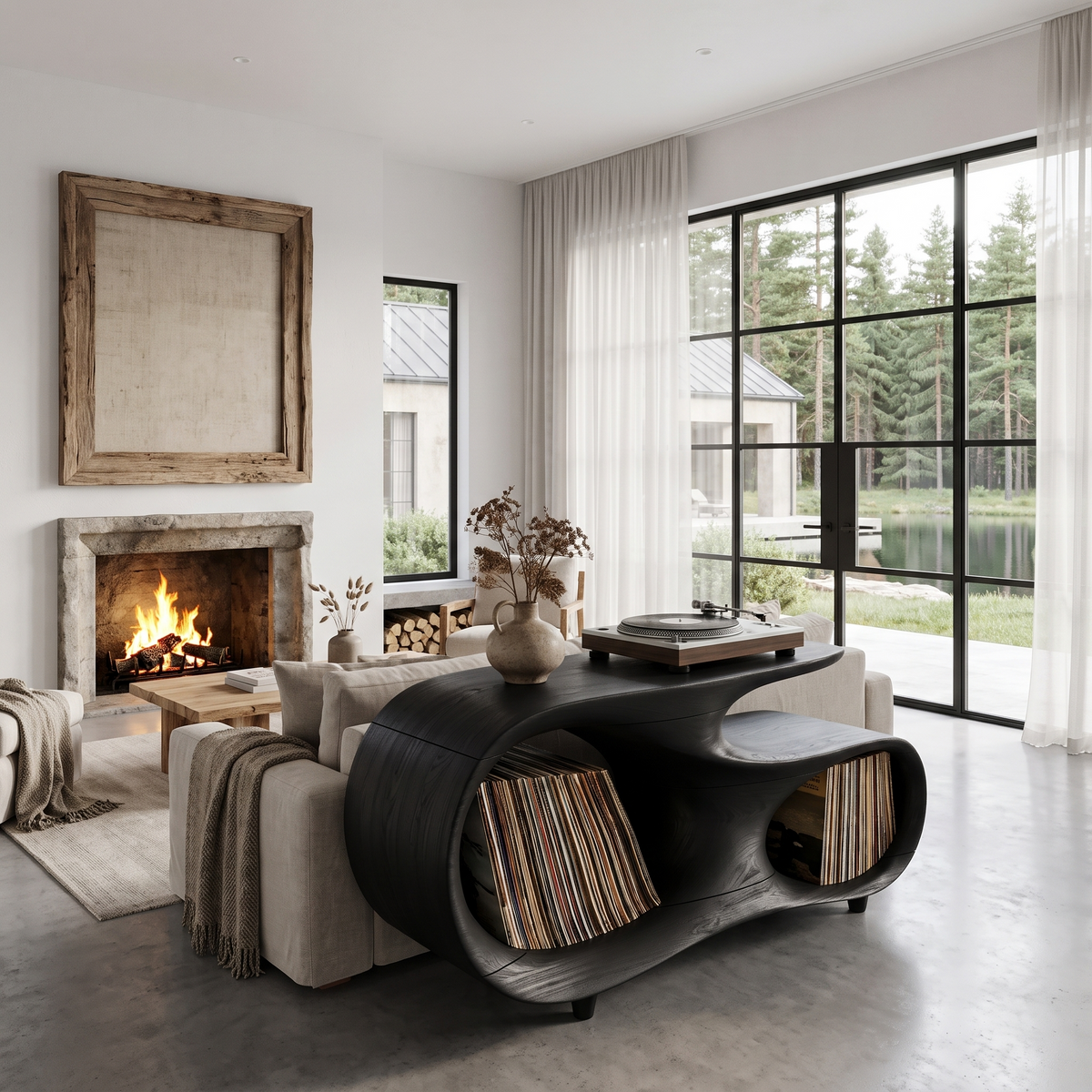 Contemporary Turntable Stand With Flowing Open Frame Design For Entryway