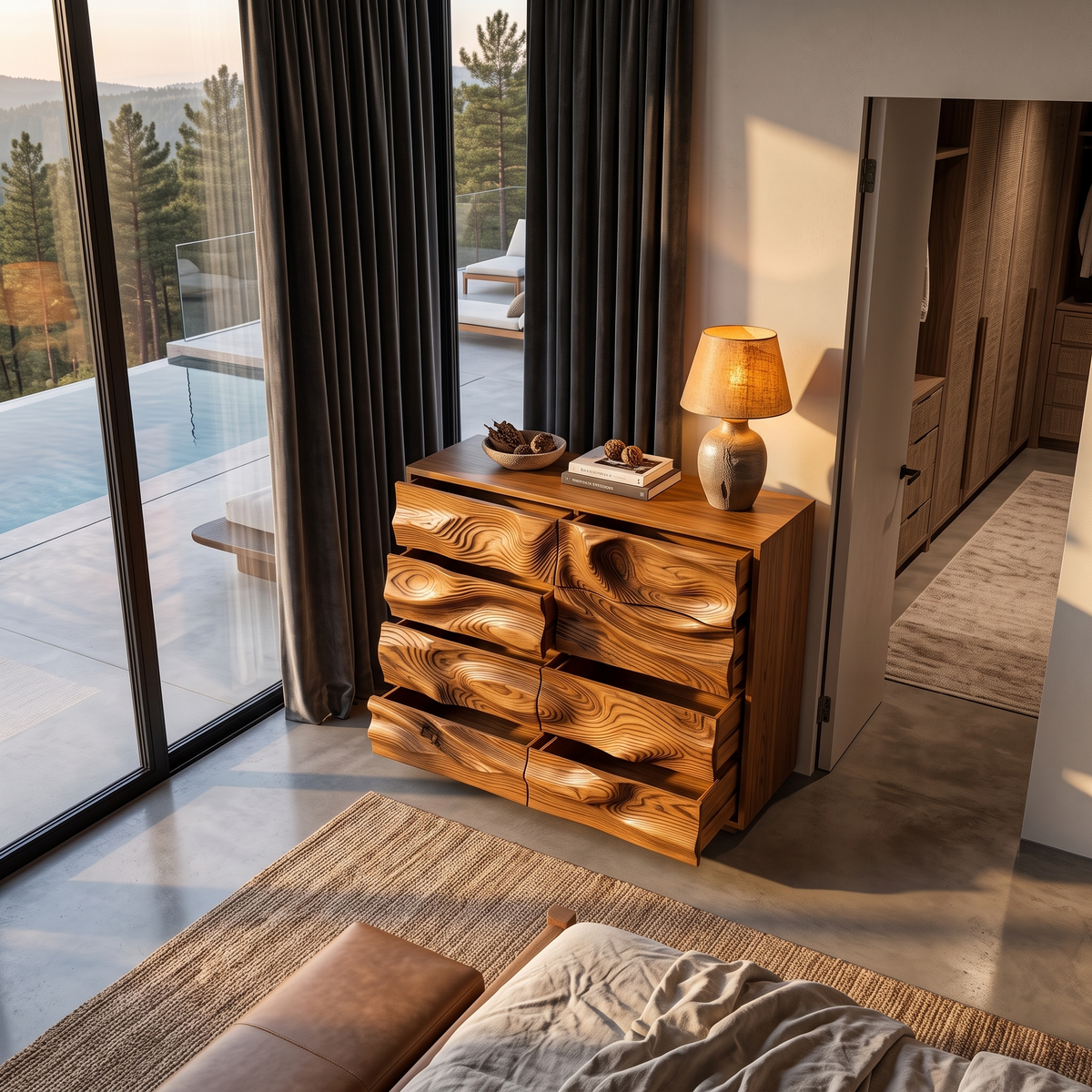 Contemporary Wooden Dresser With Sculpted Ripple Drawers For Bedroom - view 2