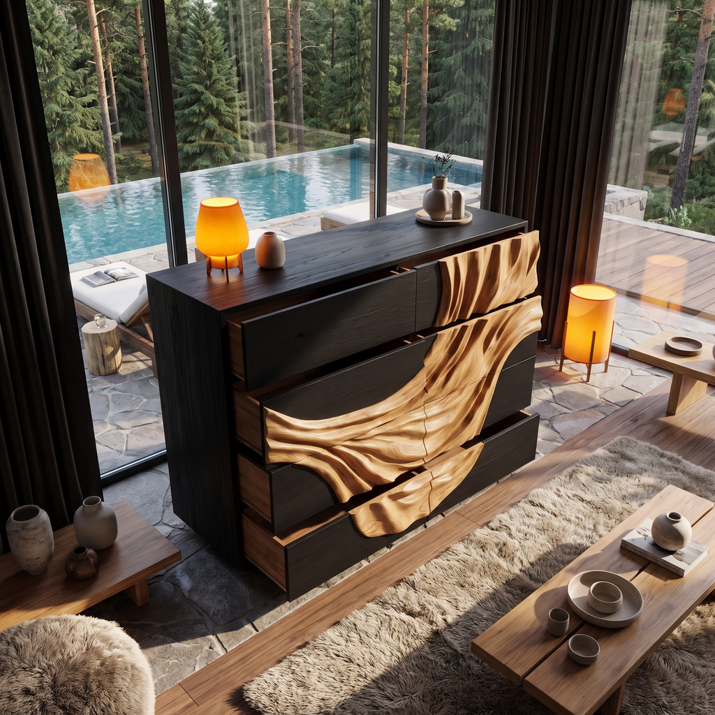 Contemporary Black Dresser With Strong Linear Detailing For Bedroom