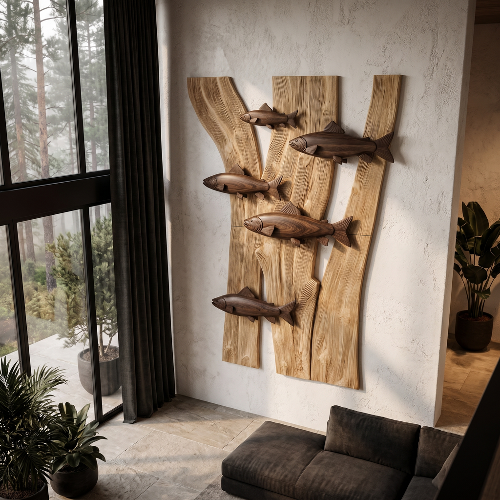 Contemporary Wooden Fish Wall Decor With Sculptural River Scene For Living Room And
