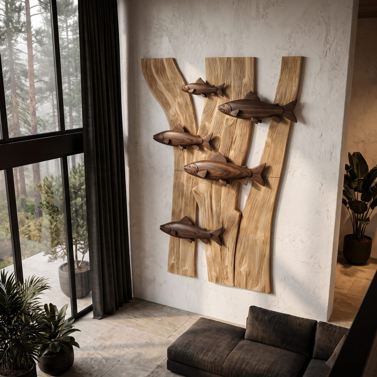 Contemporary Wooden Fish Wall Decor With Sculptural River Scene For Living Room And