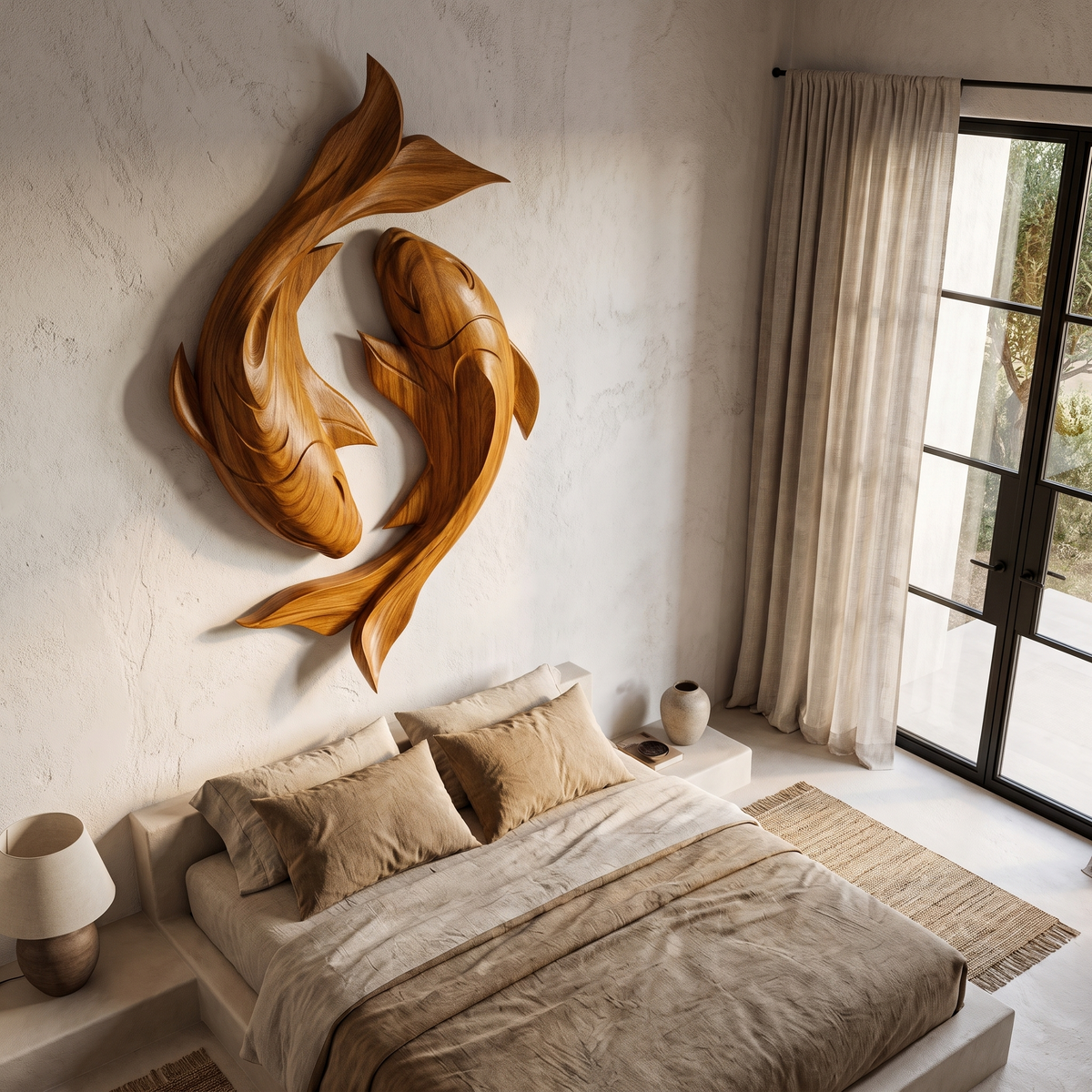 Contemporary Wood Wall Sculpture With Carved Koi Fish Design For Living Room And Office - view 2
