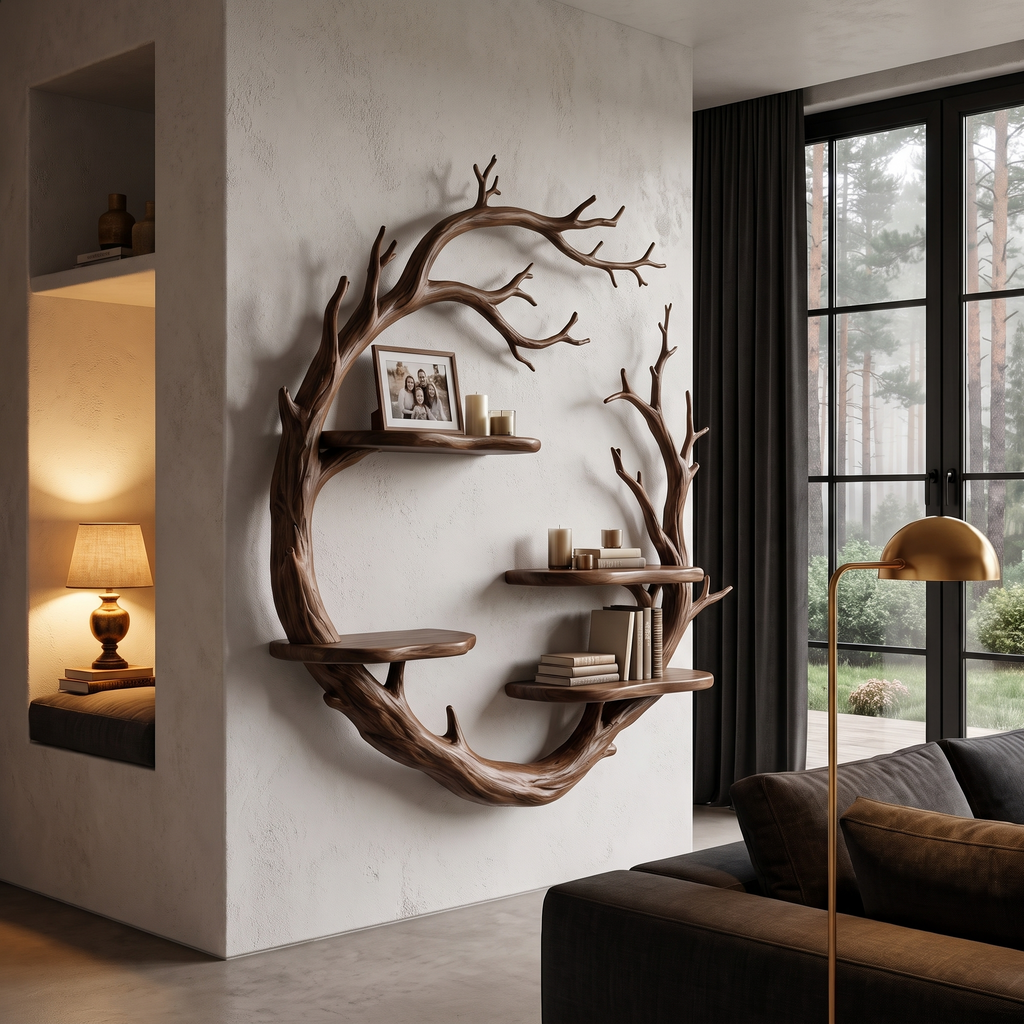 Contemporary Floating Shelf With Tree Branch Display Design For Living Room And Hallway