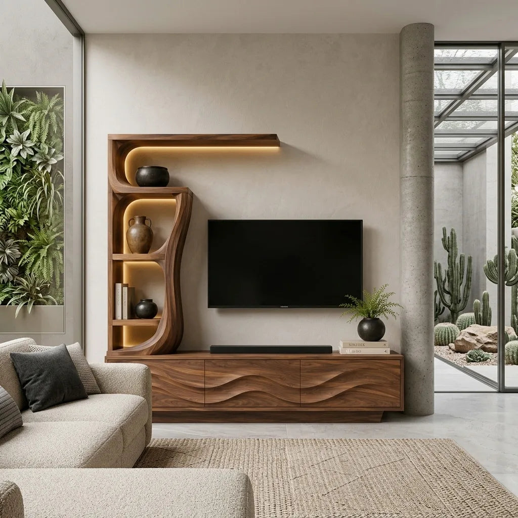 Contemporary Wave Carved Wooden TV Stand With Shelf For Living Room - view 2