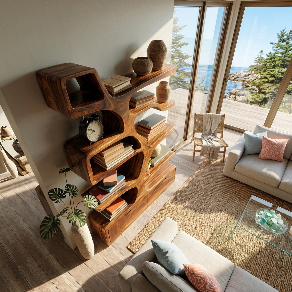 Contemporary Wooden Bookshelf Sculpted Design For Living Space - view 2