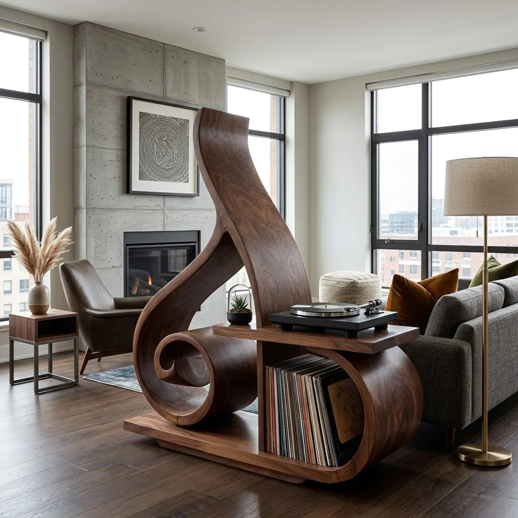 Contemporary Sculptural Wooden Record Player Stand For Living Room - view 2