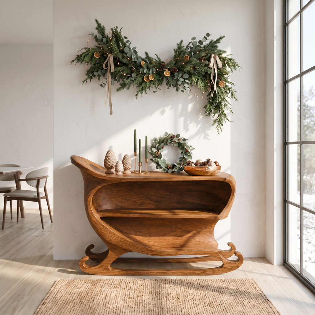 Farmhouse Christmas Console Table With Sleigh Inspired Scroll Design For Entryway And