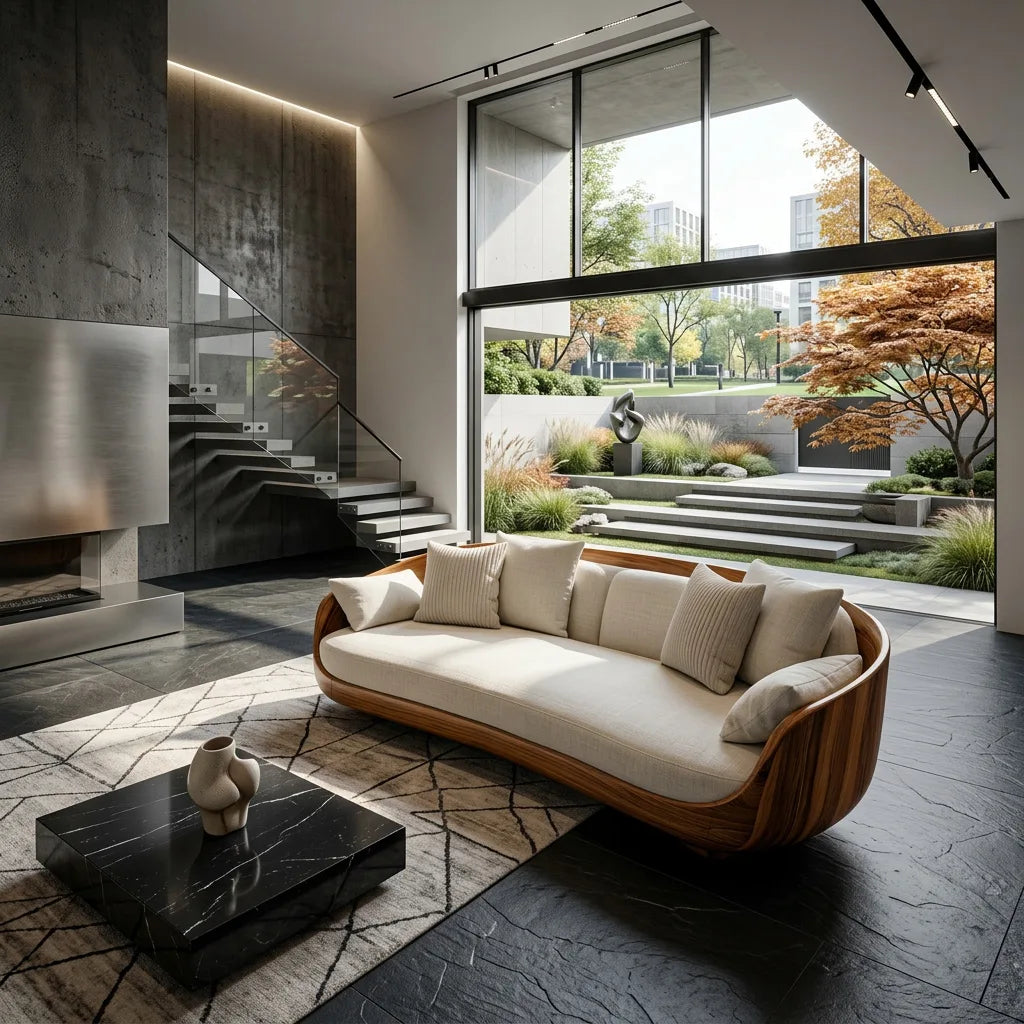 Contemporary Curved Wooden Sofa With Upholstered Seat For Living Room - view 2