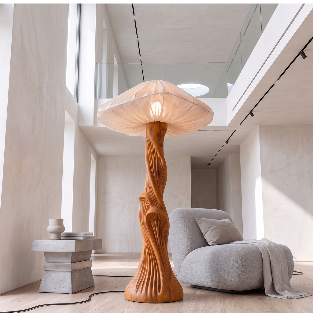 Contemporary Floor Lamp Carved Wood Mushroom Shade Pedestal Lounge