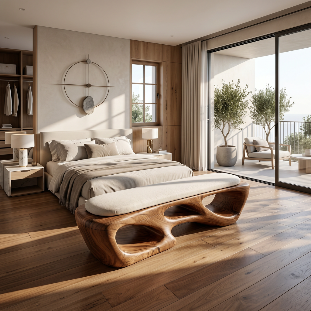 Curved Solid Wood Bench Luxury Living Room - view 2