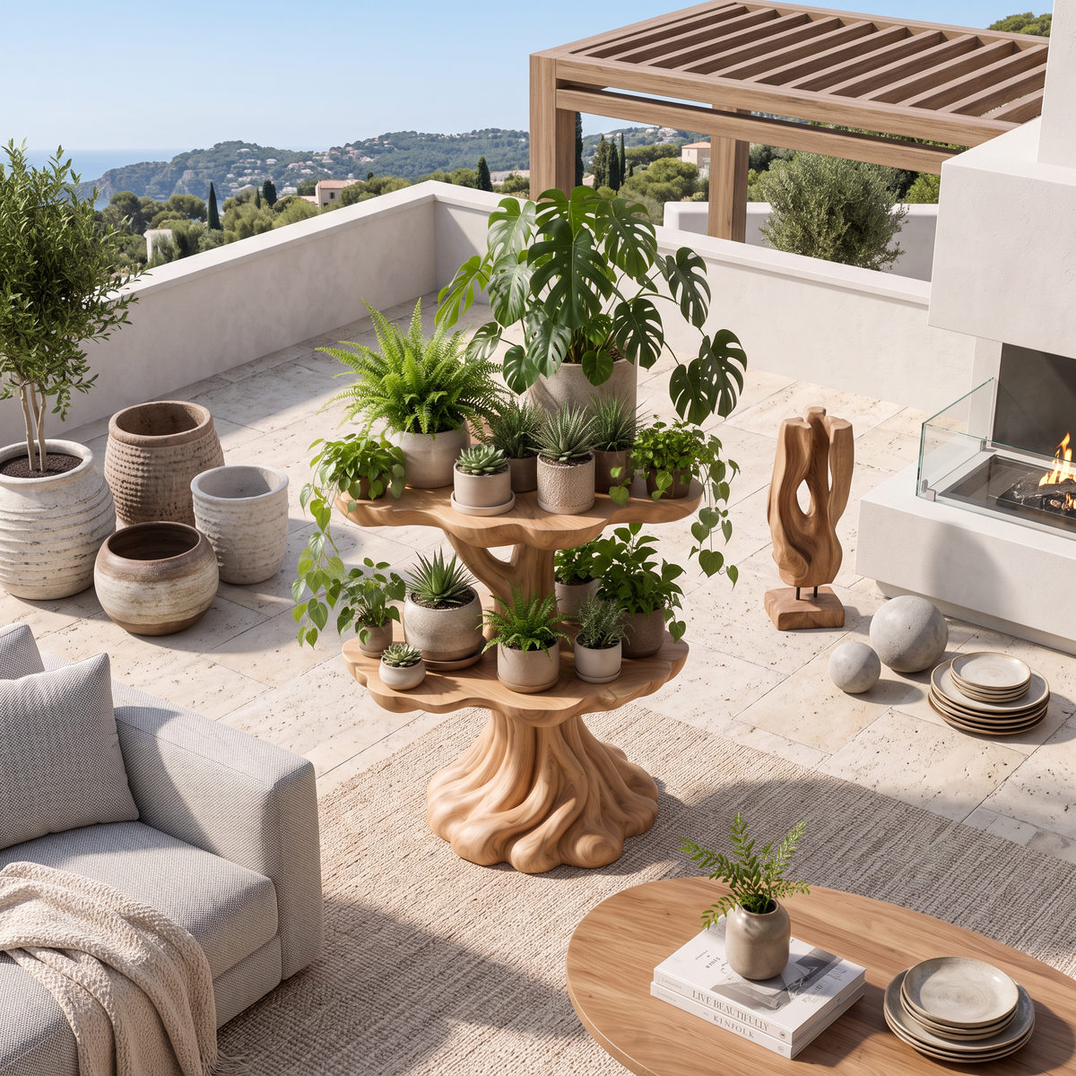 Contemporary Tiered Plant Shelf With Organic Branch Design For Living Room And Entryway