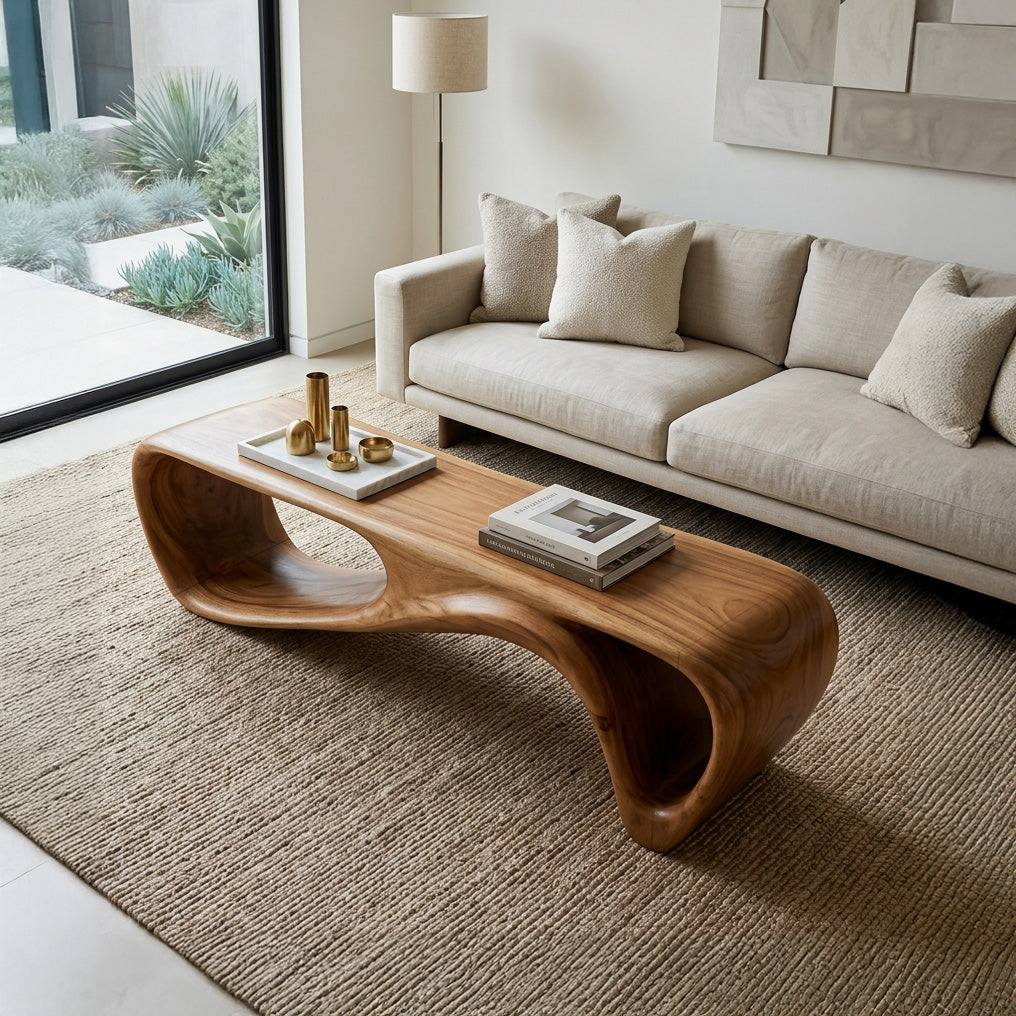 Curved Wooden Bench For Minimalist Living Room Decor - view 2