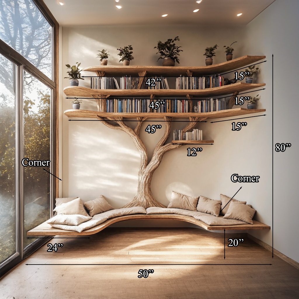 Driftwood Branch Tree Bookshelf With U Shaped Bench Custom Corner Bench - view 6