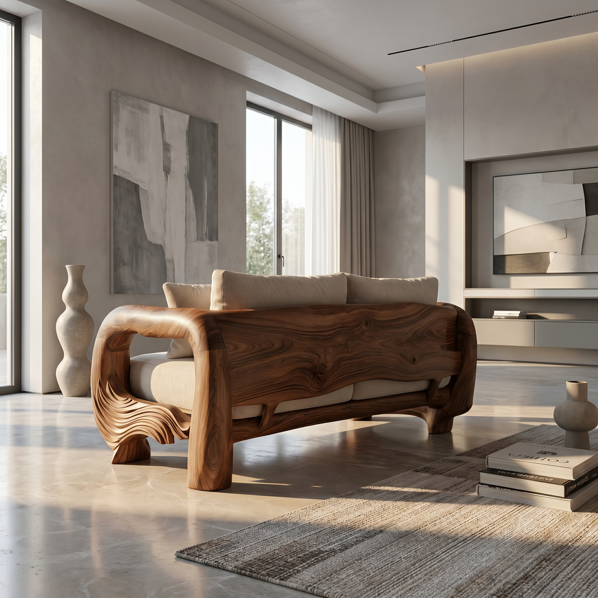 Contemporary Lounge Sofa Frame With Sculptural Wooden Base For Living Room - view 2