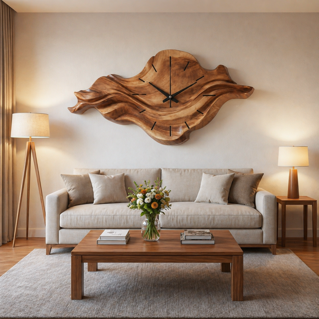 Contemporary Wooden Wall Clock With Unique Wave Sculpture For Home - view 2