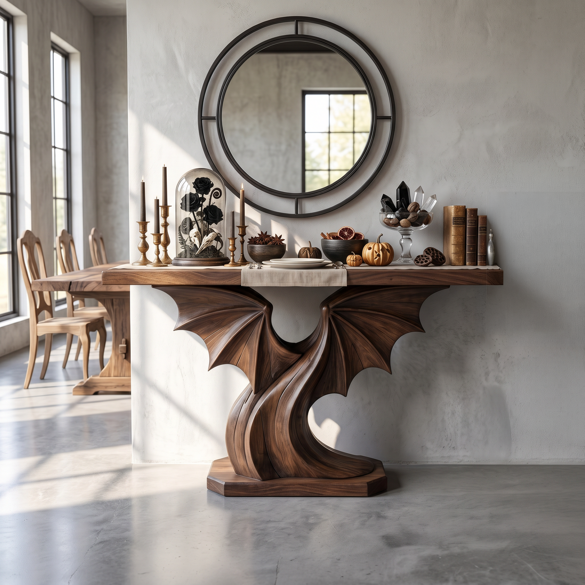 Contemporary Halloween Console Table With Sculptural Bat Wing Design For Entryway And