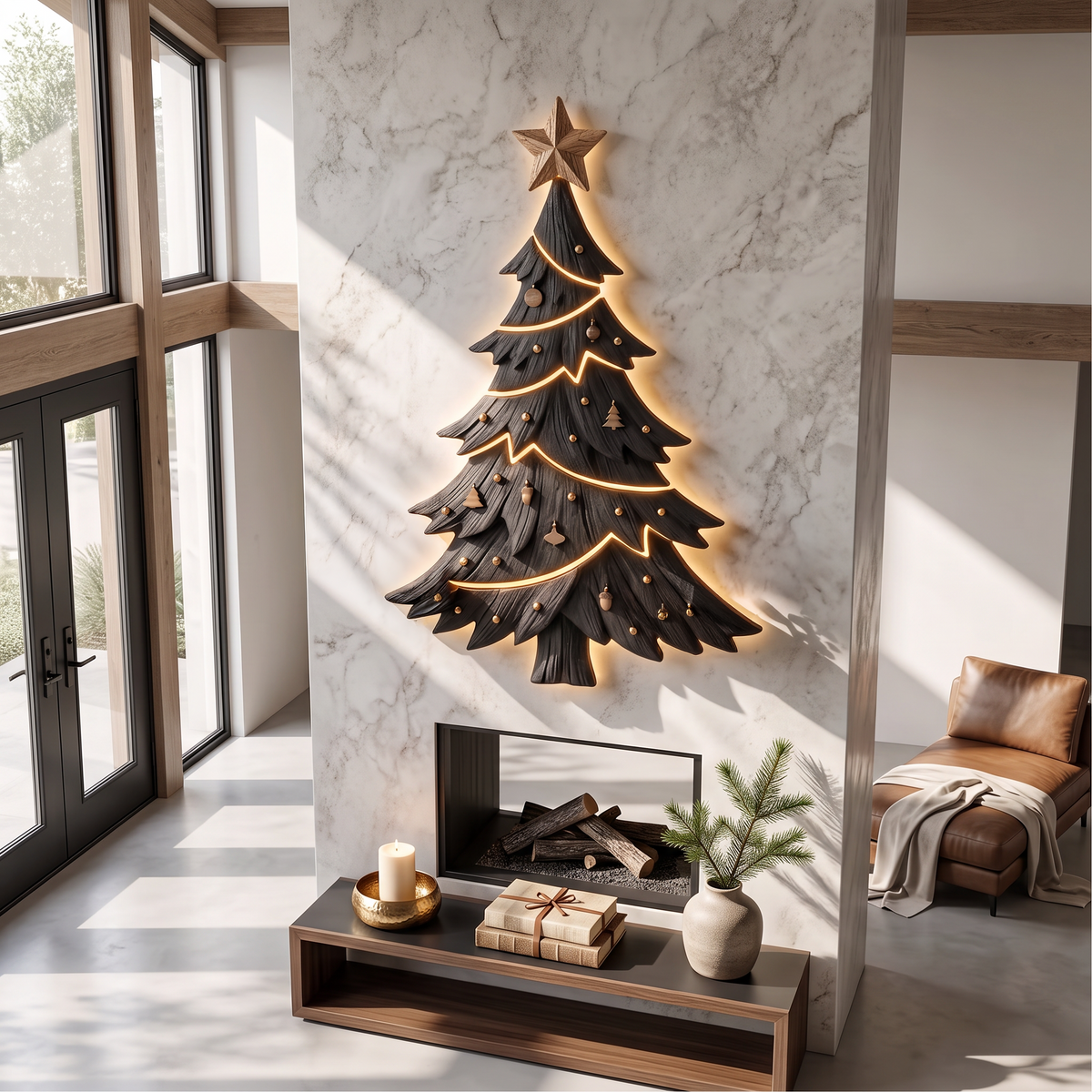 Contemporary Xmas Wall Sculpture With Evergreen Silhouette For Living Room