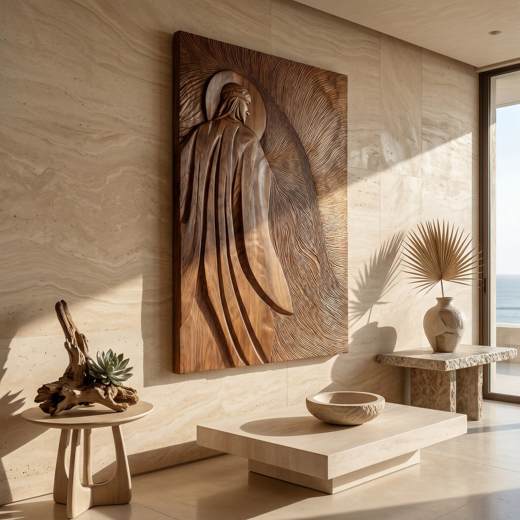 Contemporary Wooden Wall Art With Carved Figure For Living Room - view 2