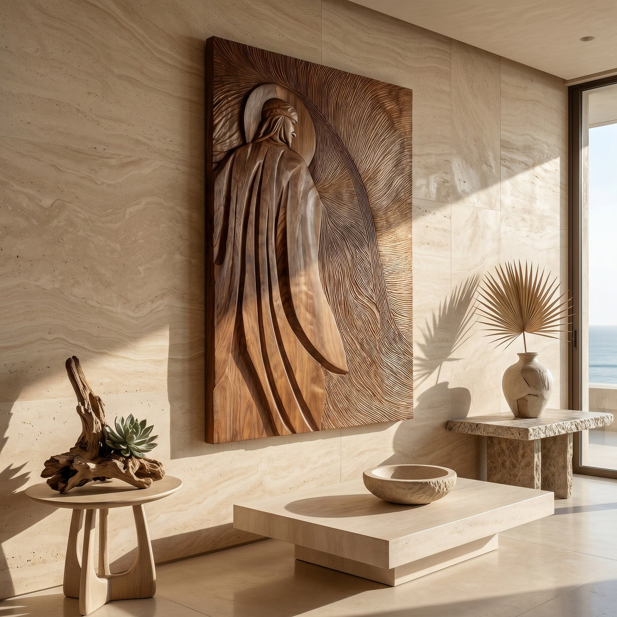 Contemporary Wooden Wall Art With Carved Figure For Living Room - view 2