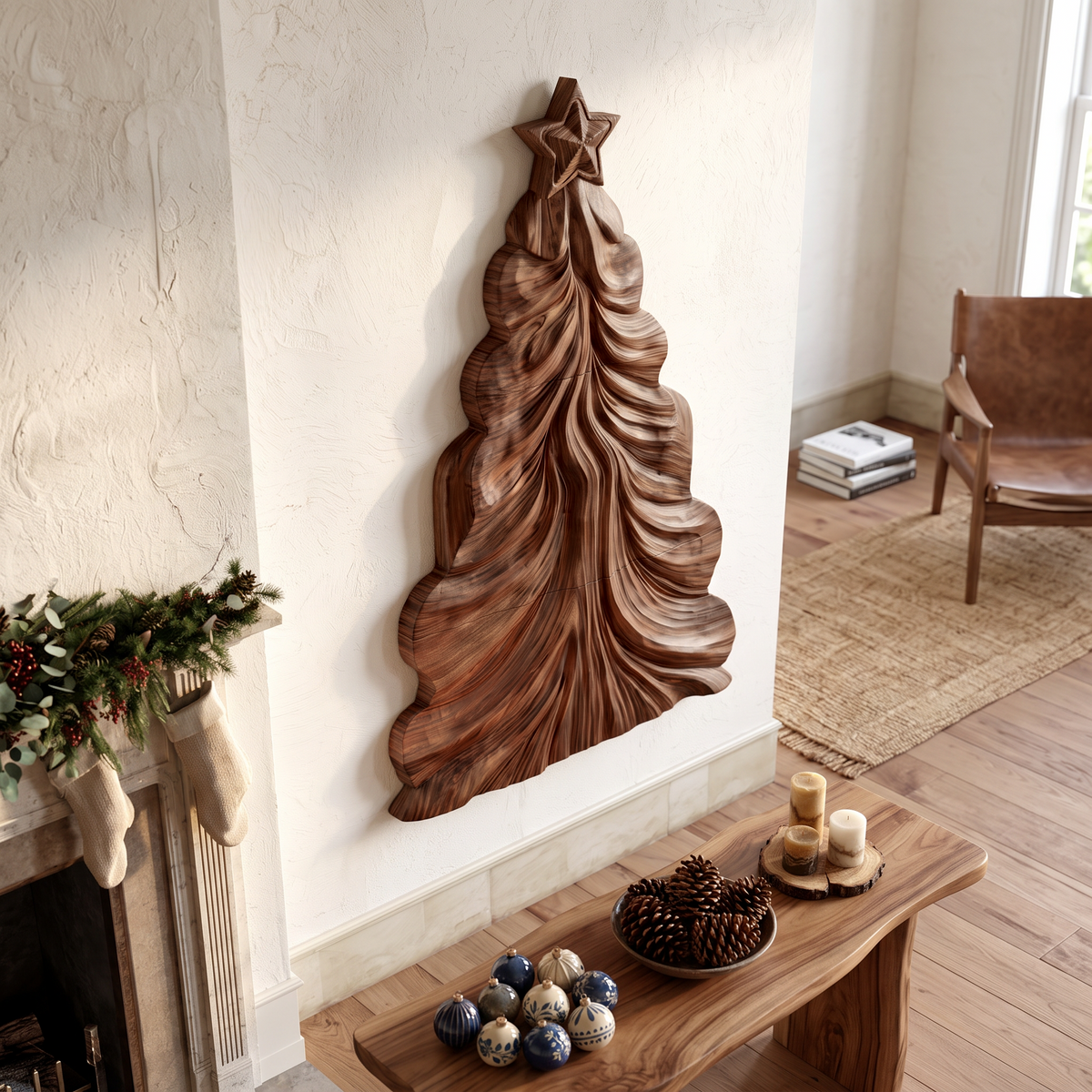 Contemporary Wooden Christmas Decor With Curved Openwork Design For Living Room