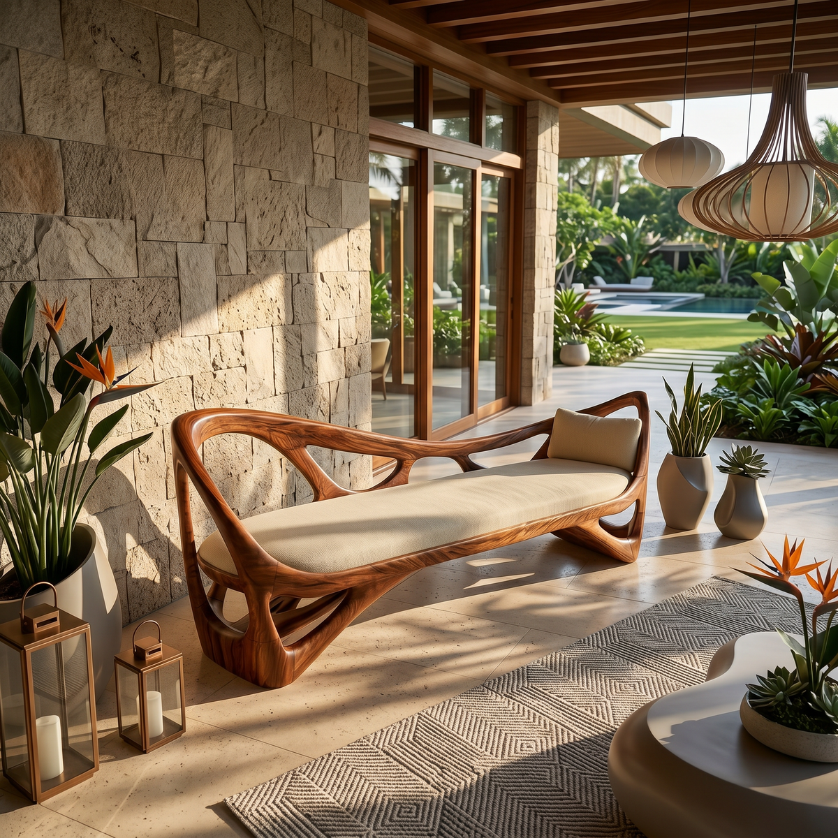 Contemporary Solid Wood Bench Family Room - view 2