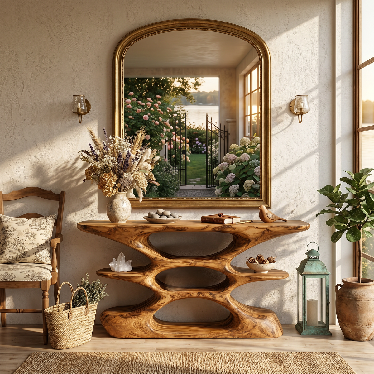 Contemporary Sculptural Wood Console Table With Cutout Shelves For Living - view 2