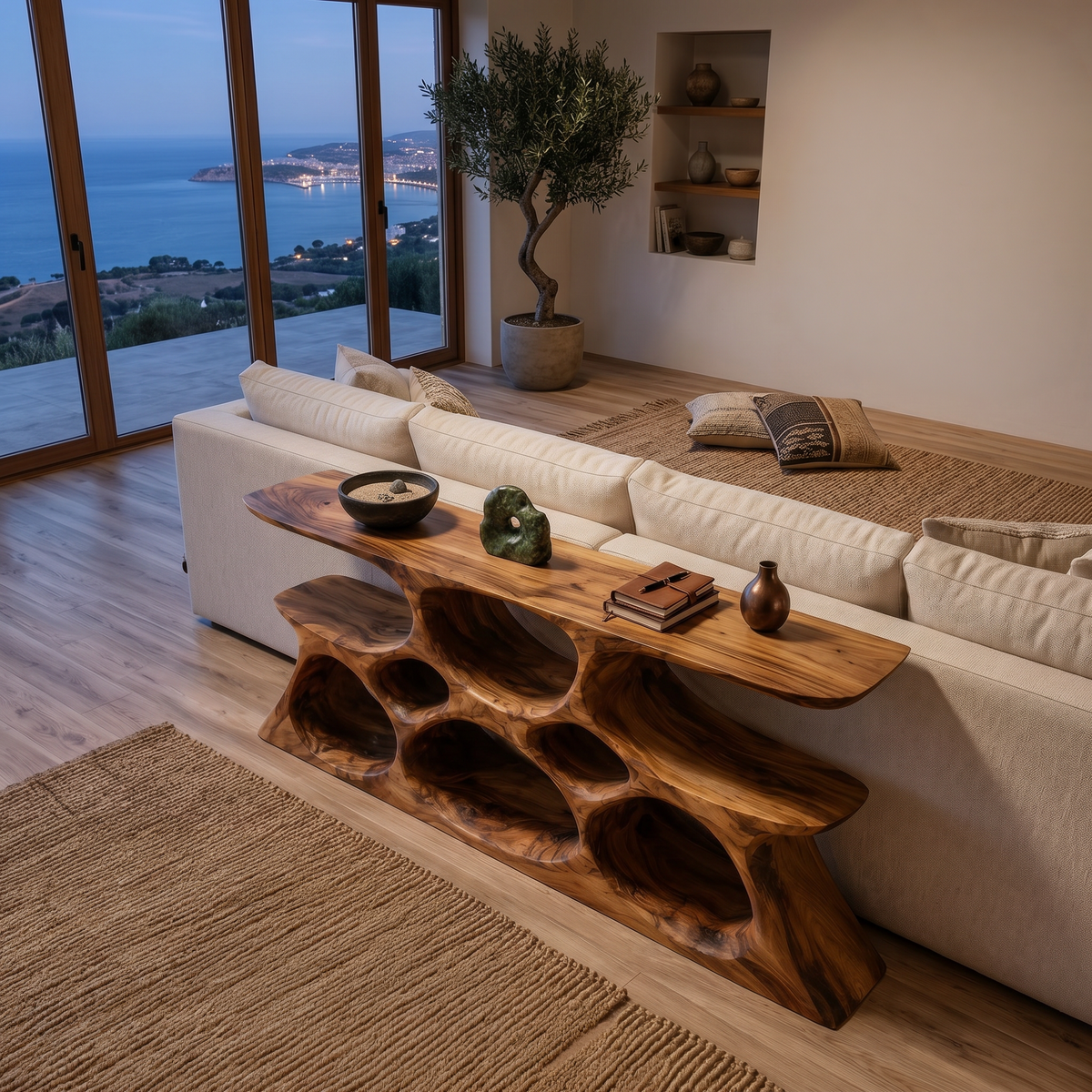 Elegant Wooden Console Table With Sculptural Shelves For Home Decor - view 2