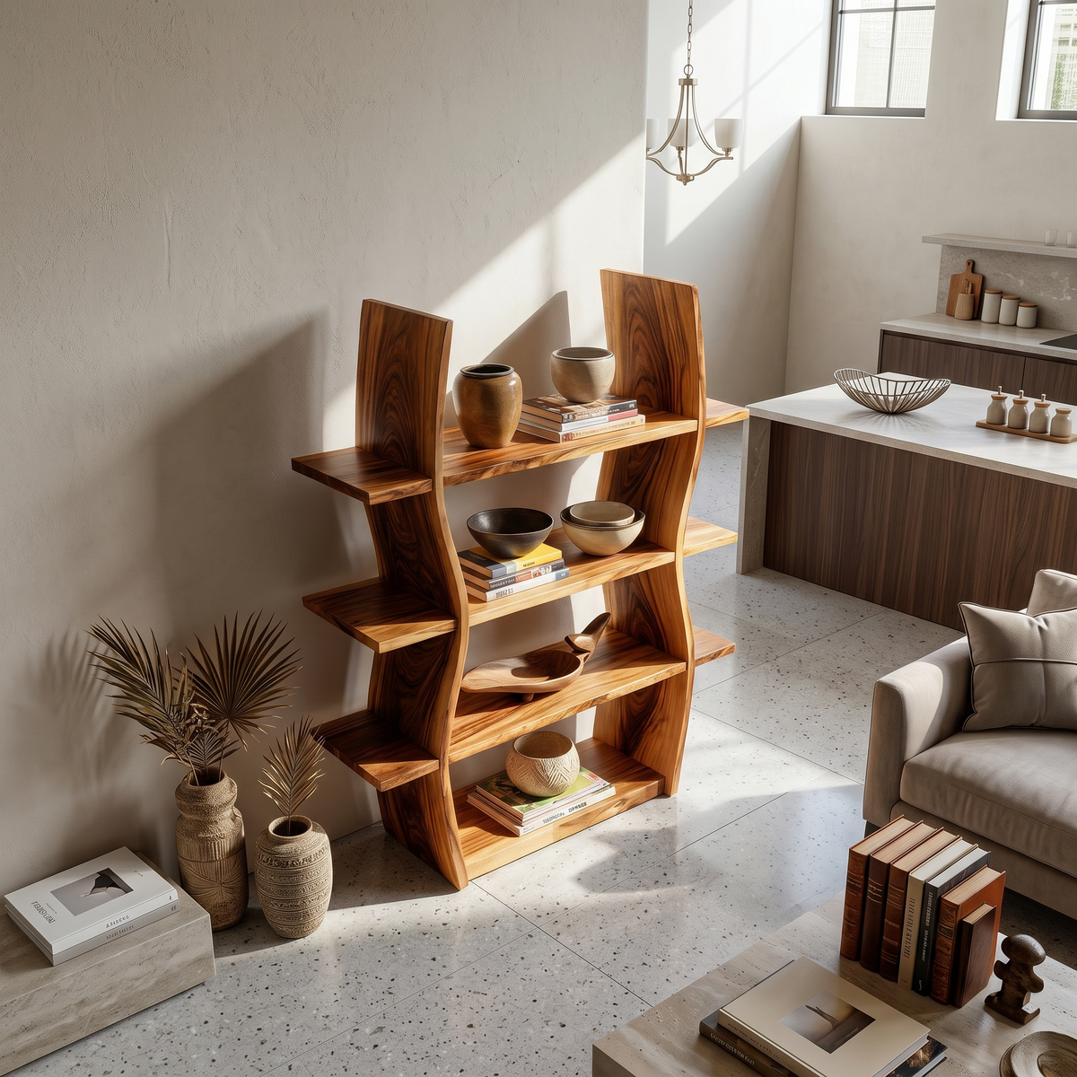 Elegant Wooden Storage Shelf In Wave Design - view 2