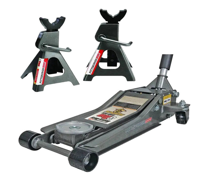Pittsburg 3-Ton Low-Profile Steel Floor Jack And Stands Combo - Rapid Lift Hydraulic System