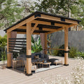 10x12FT Outdoor All-Season Wooden Cedar Hardtop Gazebo With Metal Roof And Back Curtains - SAK57184